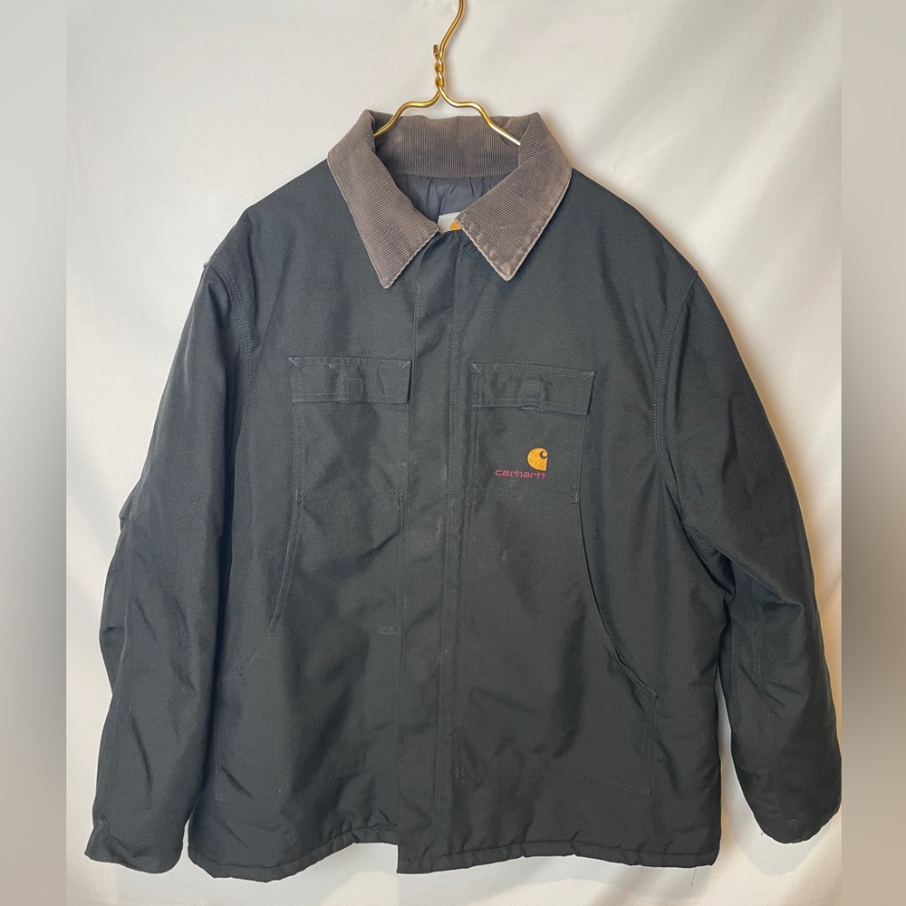 CARHARTT VTG 90s Yukon Quilted Canvas Chore Coat CORDUROY COLLAR Black XL-XXL